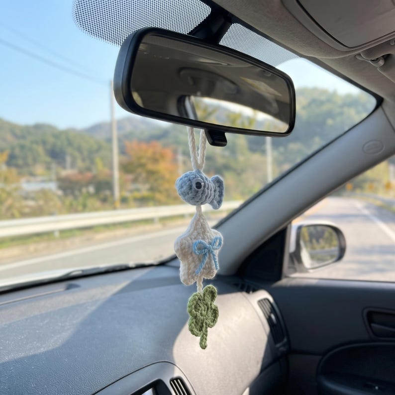 Handmade Crochet Car Charm with Fish, Star & Clover for Rearview Mirror
