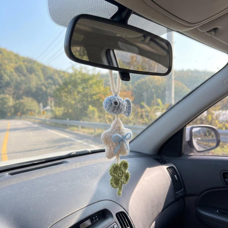 Handmade Crochet Car Charm with Fish, Star & Clover for Rearview Mirror