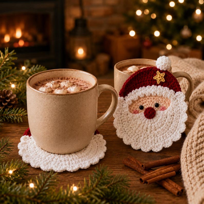 Santa Crochet Coaster, Christmas Mug Rug, Holiday Cup Mat, Handmade Decor, Stocking Stuffer, Secret Gift