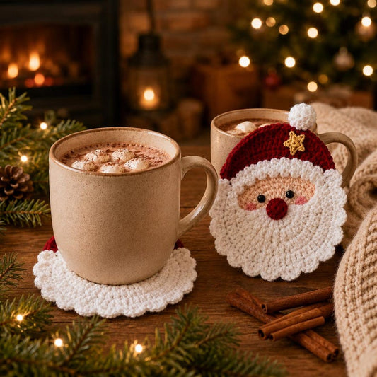 Santa Crochet Coaster, Christmas Mug Rug, Holiday Cup Mat, Handmade Decor, Stocking Stuffer, Secret Gift