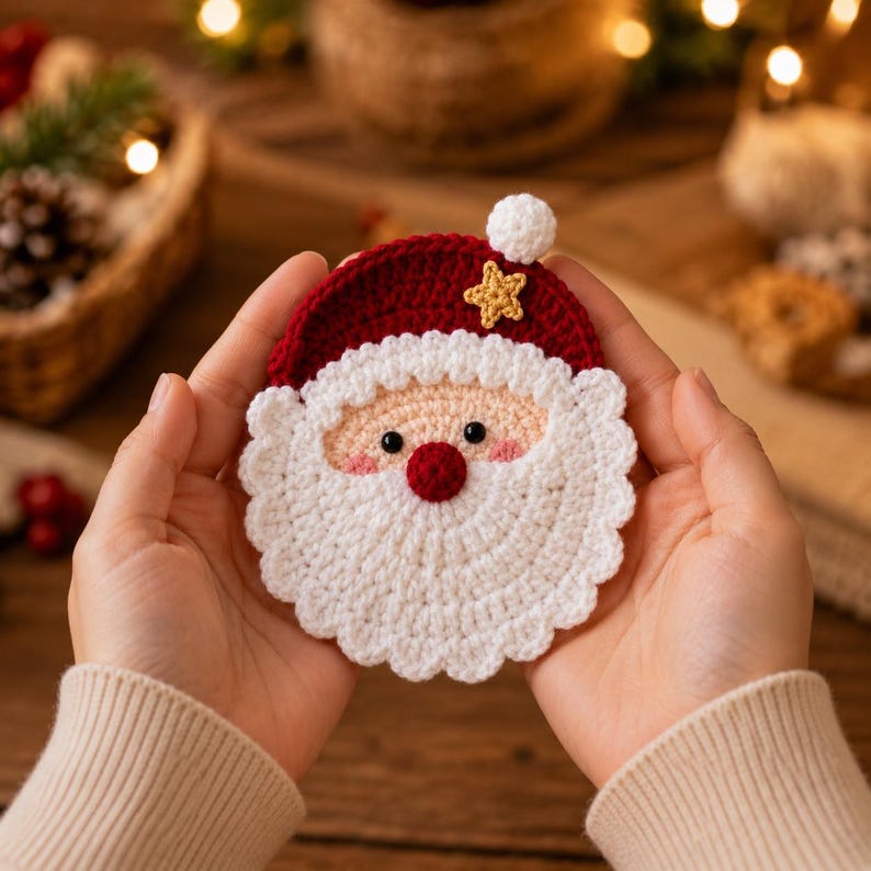 Santa Crochet Coaster, Christmas Mug Rug, Holiday Cup Mat, Handmade Decor, Stocking Stuffer, Secret Gift