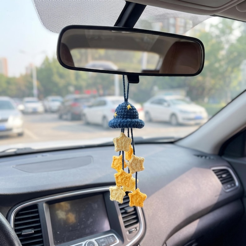 Handmade Crochet Wizard Hat Car Charm with Dangling Stars