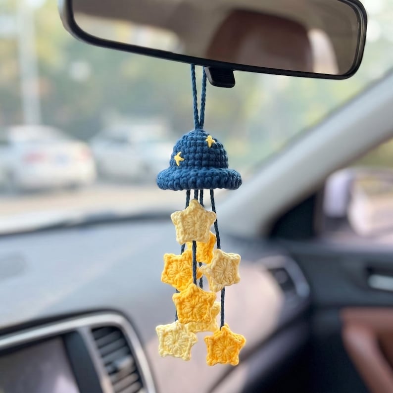 Handmade Crochet Wizard Hat Car Charm with Dangling Stars