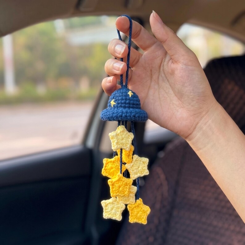 Handmade Crochet Wizard Hat Car Charm with Dangling Stars