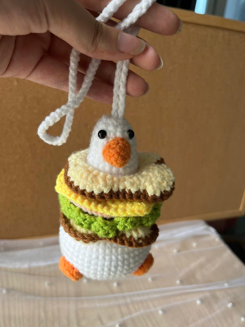 Handmade Kawaii Burger Duck Crochet Car Charm for Rear View Mirror
