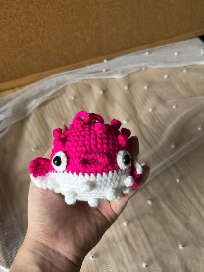 Hot Pink Kawaii Pufferfish Crochet Keychain Handmade Amigurumi Gift