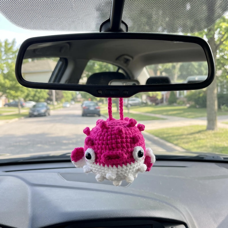 Hot Pink Kawaii Pufferfish Crochet Keychain Handmade Amigurumi Gift