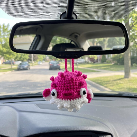 Hot Pink Kawaii Pufferfish Crochet Keychain Handmade Amigurumi Gift