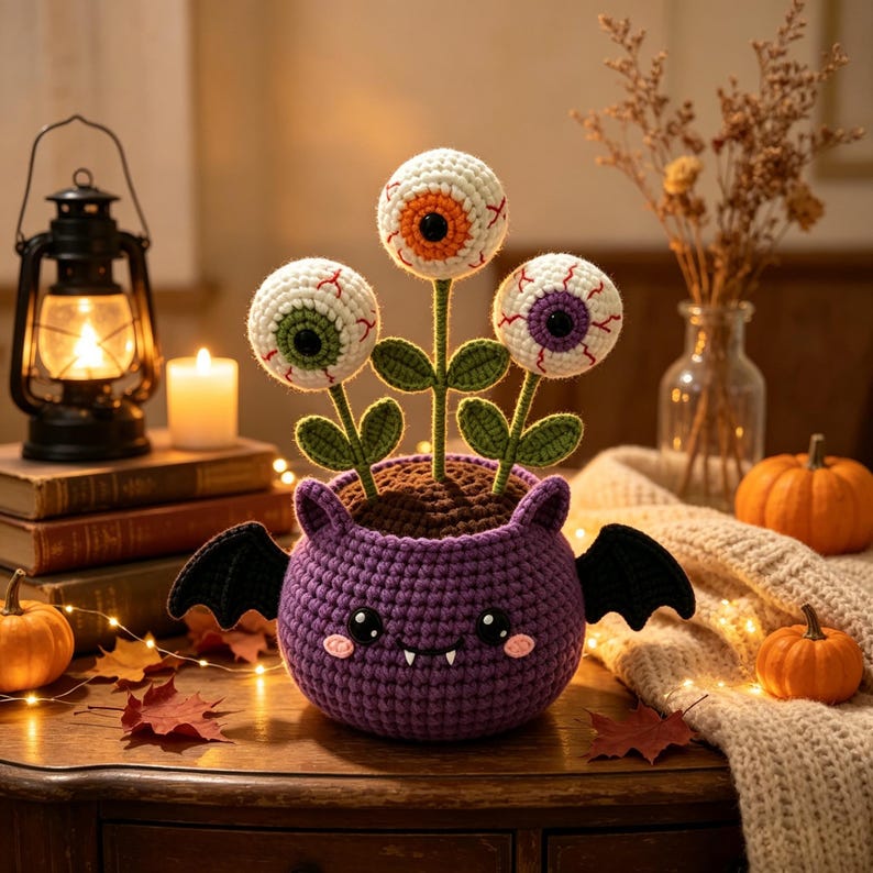 Handmade Crochet Halloween Bat Pot, Creepy Cute Flower Arrangement, Halloween Desk Decor, Gothic Home Decor, Thoughtful Spooky Gift