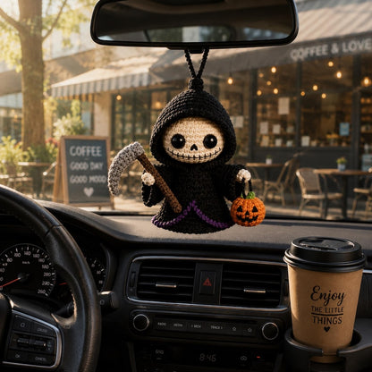Handmade Crochet Grim Reaper Car Charm, Halloween Rearview Mirror Hanging, Cute Gothic Plush Ornament, Spooky Car Decor, Halloween Lovers