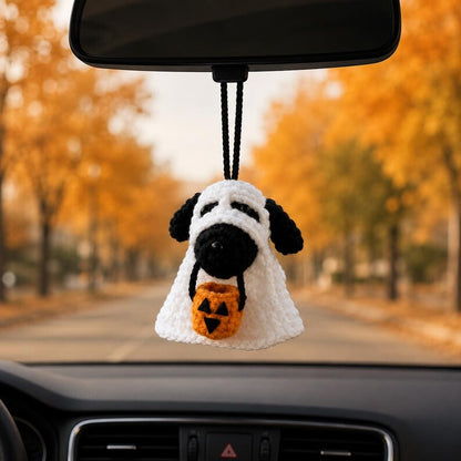 Crochet Ghost Dog Car Charm, Halloween Rearview Mirror Hanging, Cute Ghost Dog with Pumpkin Basket, Handmade Dog Lover Gift