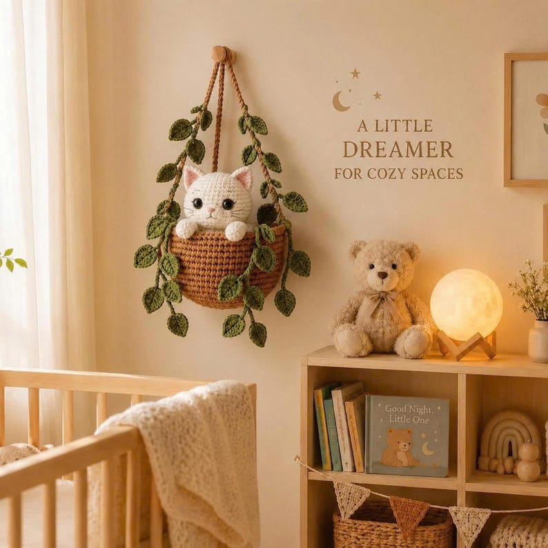 Crochet Cat Wall Hanging, Handmade Calico Cat Hanging Basket, Cute Nursery Decor, Cat Lover Gift, Housewarming Gift, Cat Lover Gift