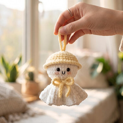 Handmade Kawaii Ghost Crochet Car Charm with Bucket Hat