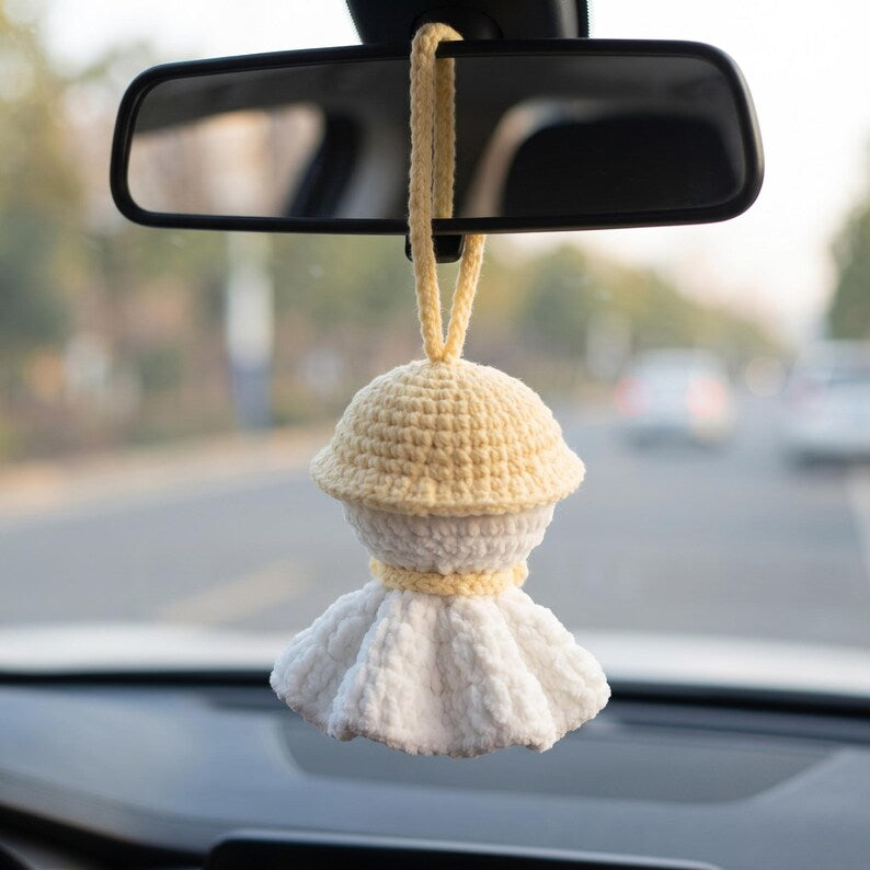 Handmade Kawaii Ghost Crochet Car Charm with Bucket Hat
