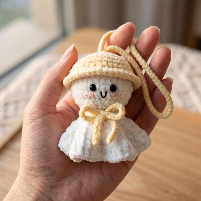 Handmade Kawaii Ghost Crochet Car Charm with Bucket Hat