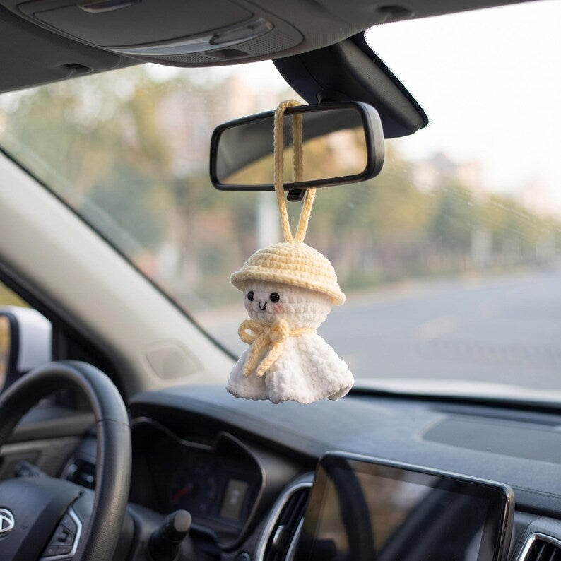 Handmade Kawaii Ghost Crochet Car Charm with Bucket Hat