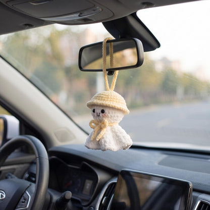 Handmade Kawaii Ghost Crochet Car Charm with Bucket Hat