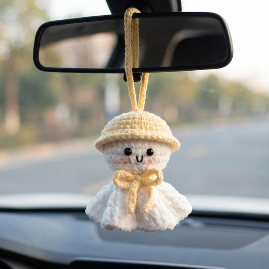 Handmade Kawaii Ghost Crochet Car Charm with Bucket Hat