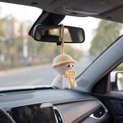 Handmade Kawaii Ghost Crochet Car Charm with Bucket Hat