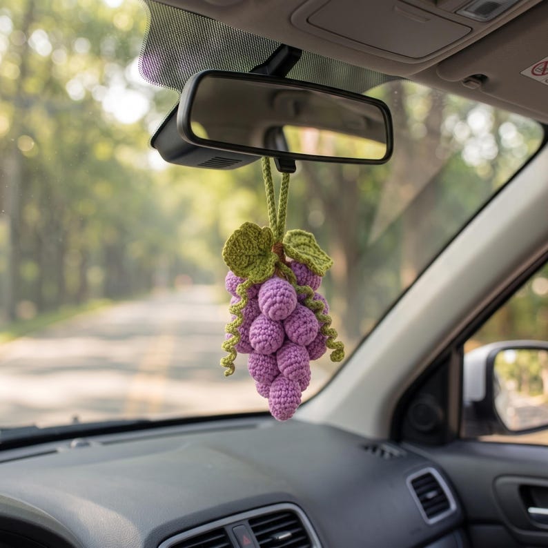 Handmade Crochet Grape Cluster Charm for Car Mirror