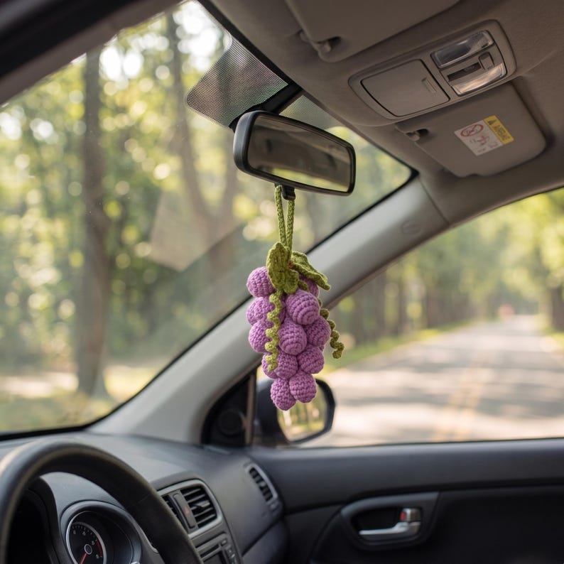 Handmade Crochet Grape Cluster Charm for Car Mirror