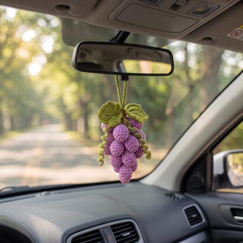 Handmade Crochet Grape Cluster Charm for Car Mirror