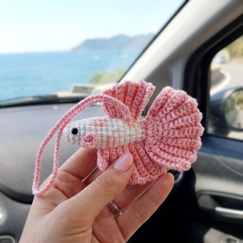 Handmade Crochet Betta Fish Rearview Mirror Charm for Car
