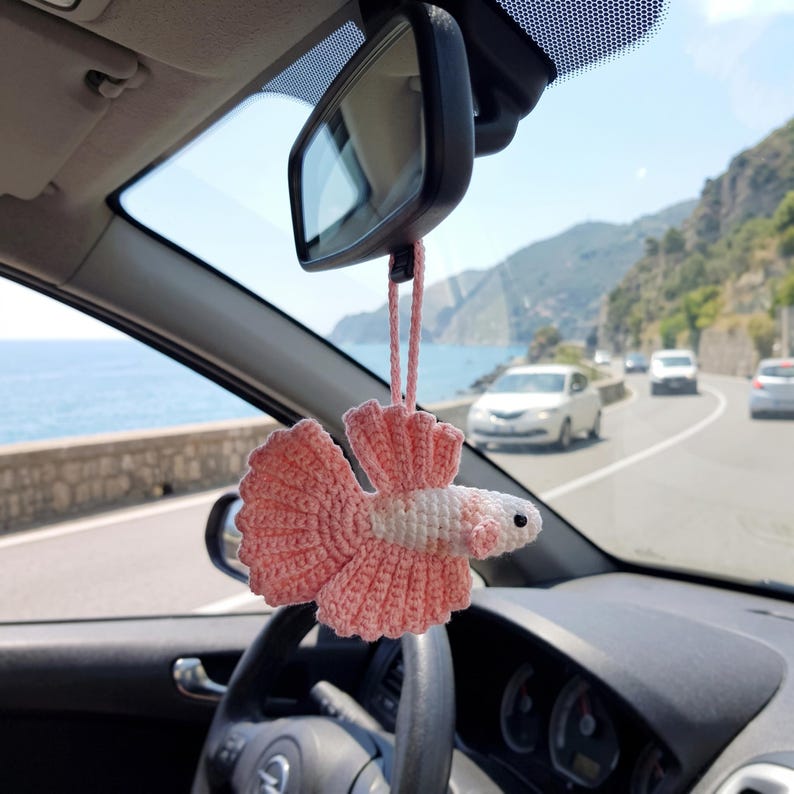 Handmade Crochet Betta Fish Rearview Mirror Charm for Car