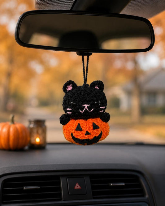 Crochet Black Cat Pumpkin Car Hanging – Cute Halloween Amigurumi Rearview Mirror Charm, Spooky Car Decor, Handmade Cat Lover Gift