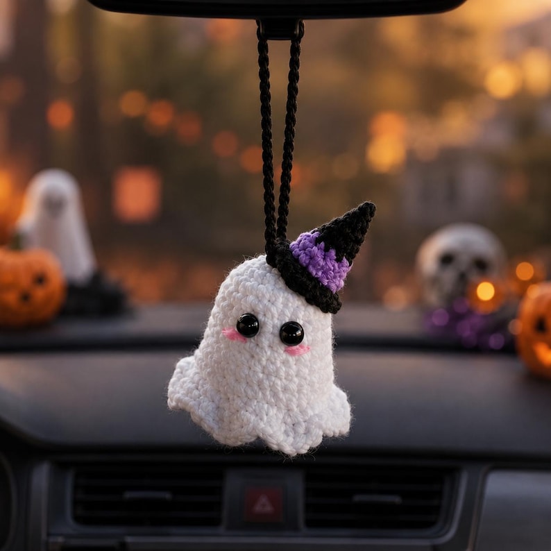 Crochet Ghost and Bat Car Hanging – Cute Halloween Rearview Mirror Charm, Handmade Amigurumi Car Decor, Spooky Car Accessory Gift