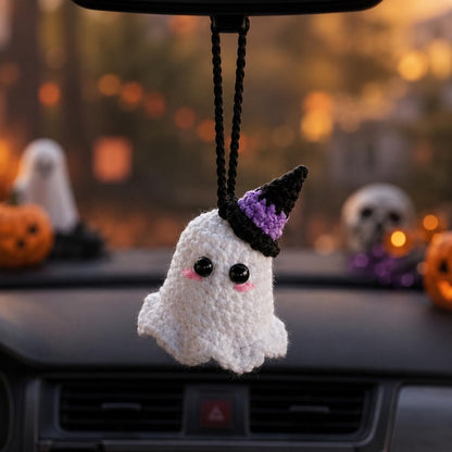 Crochet Ghost and Bat Car Hanging – Cute Halloween Rearview Mirror Charm, Handmade Amigurumi Car Decor, Spooky Car Accessory Gift