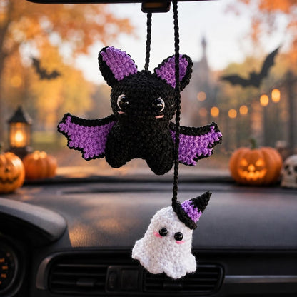 Crochet Ghost and Bat Car Hanging – Cute Halloween Rearview Mirror Charm, Handmade Amigurumi Car Decor, Spooky Car Accessory Gift