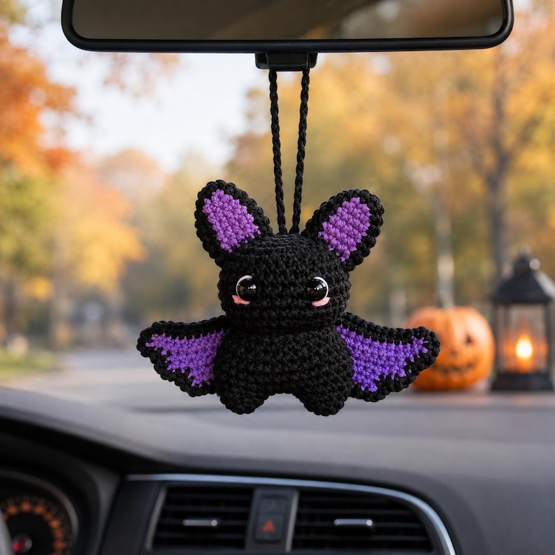 Crochet Ghost and Bat Car Hanging – Cute Halloween Rearview Mirror Charm, Handmade Amigurumi Car Decor, Spooky Car Accessory Gift