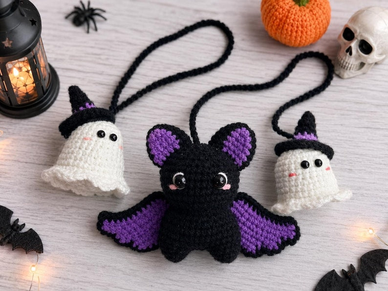 Crochet Ghost and Bat Car Hanging – Cute Halloween Rearview Mirror Charm, Handmade Amigurumi Car Decor, Spooky Car Accessory Gift