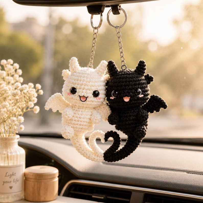Handmade Crochet Dragon Keychain, Black & White Dragon Charm, Couple Gift, Cute Bag Charm, Anniversary Gift, Fantasy Plush Keychain
