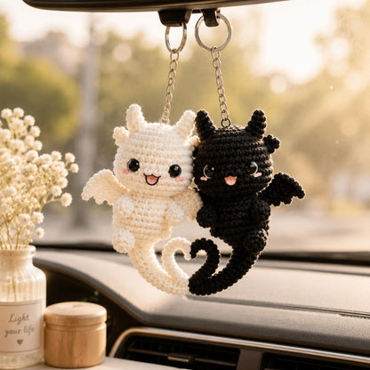 Handmade Crochet Dragon Keychain, Black & White Dragon Charm, Couple Gift, Cute Bag Charm, Anniversary Gift, Fantasy Plush Keychain