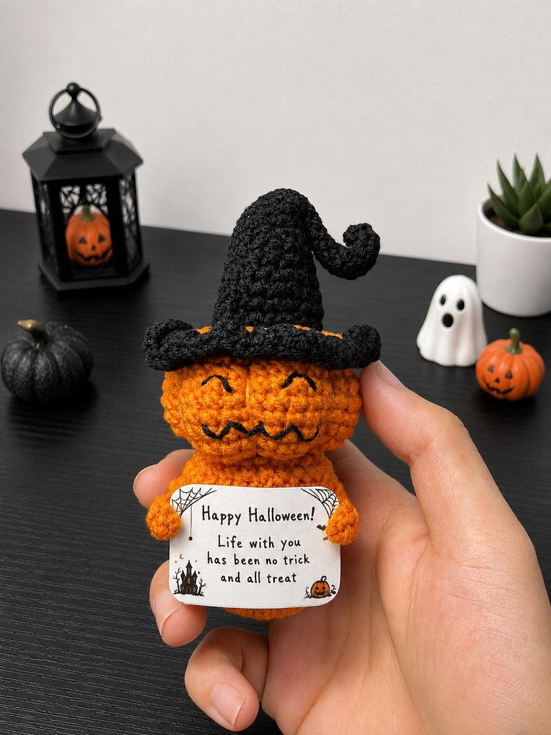 Halloween Crochet Pumpkin Witch Car Hanging, Custom Message Card, Handmade Spooky Car Mirror Charm, Cute Halloween Decor Gift