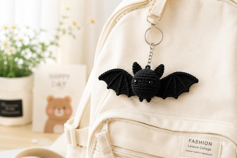 Crochet Bat Car Hanger, Bat Keychain, Halloween Rear View Mirror Charm, Cute Gothic Bat Plush, Handmade Halloween Gift, Spooky Decor