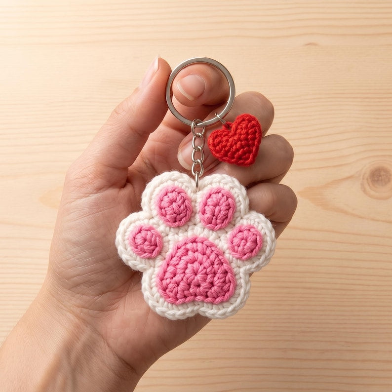 Handmade Crochet Paw Print Keychain for Cat and Dog Lovers