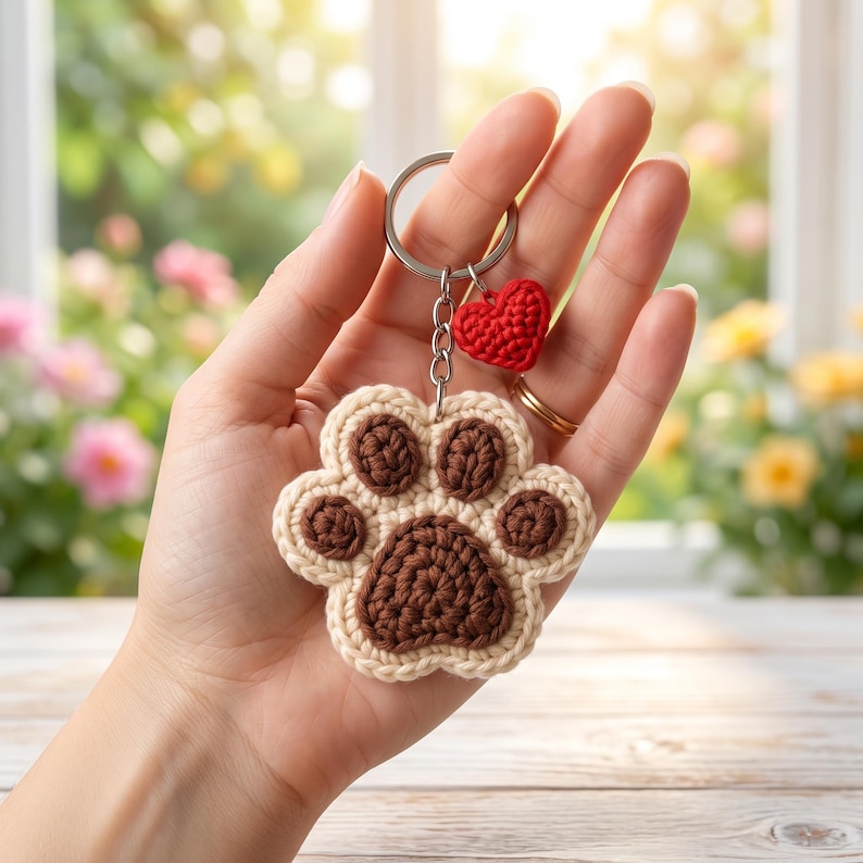 Handmade Crochet Paw Print Keychain for Cat and Dog Lovers