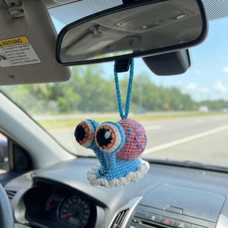 Handmade Kawaii Snail Crochet Car Mirror Charm with Braided Cord