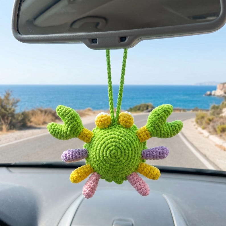Handmade Kawaii Crochet Crab Rearview Mirror Charm for Car