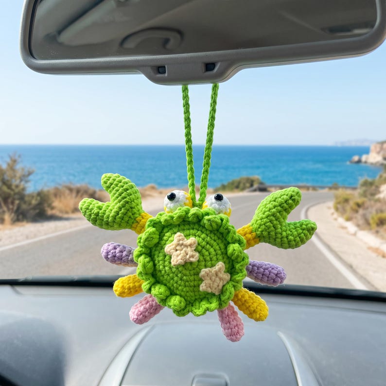 Handmade Kawaii Crochet Crab Rearview Mirror Charm for Car