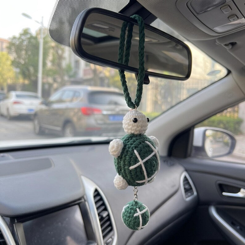 Handmade Crochet Turtle Charm for Car Rear View Mirror