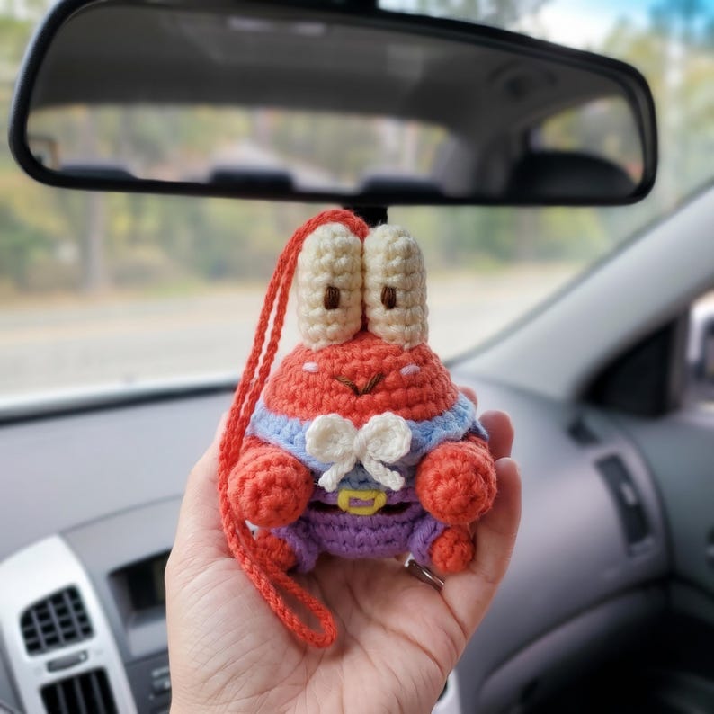 Handmade Mr Krabs Crochet Car Charm for SpongeBob Fans
