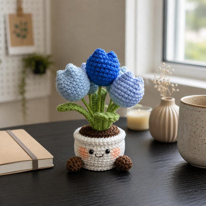 Crochet Flower Pot Set with Sunflower and Tulip Designs, Handmade Floral Desk Decor