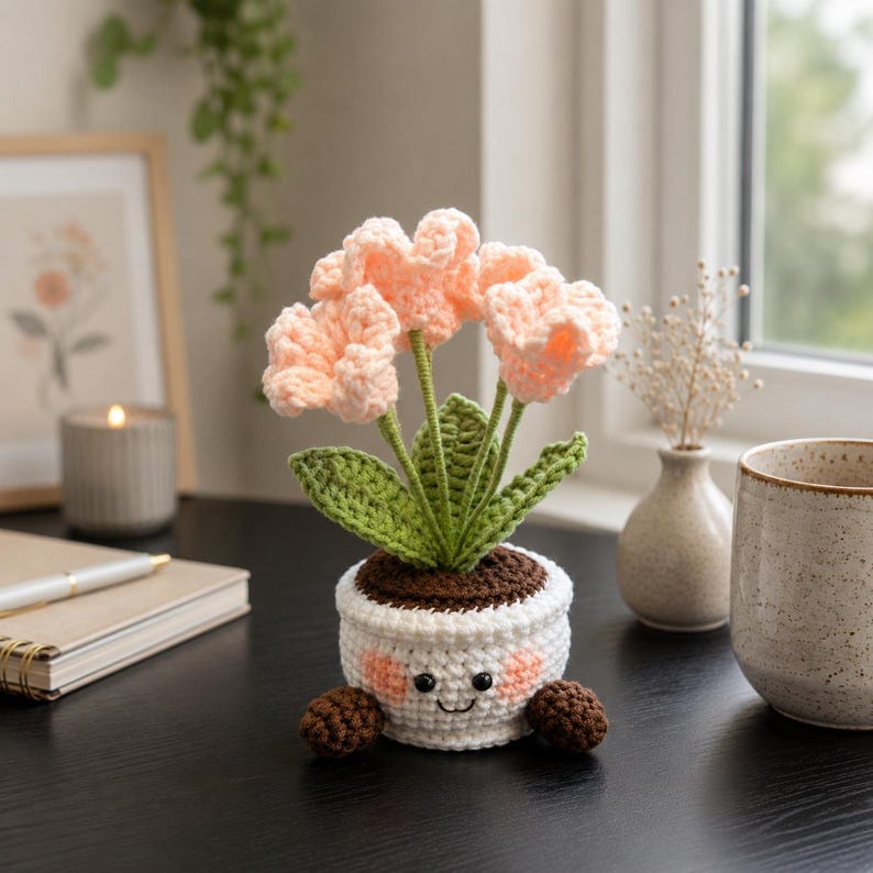 Crochet Flower Pot Set with Sunflower and Tulip Designs, Handmade Floral Desk Decor