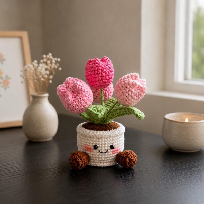 Crochet Flower Pot Set with Sunflower and Tulip Designs, Handmade Floral Desk Decor