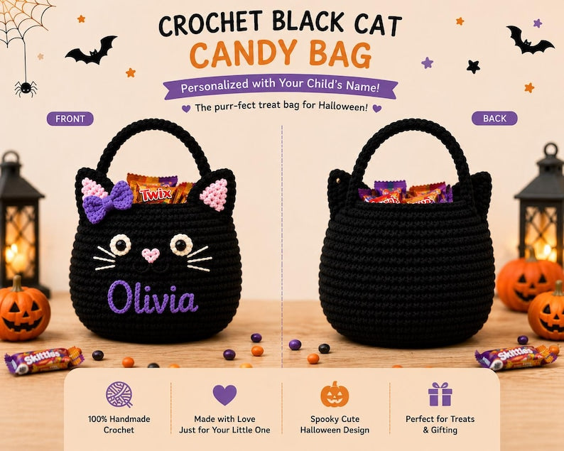 Personalized Crochet Black Cat Halloween Candy Bag, Handmade Trick or Treat Basket for Kids, Custom Cat Treat Bucket, Toddler Gift