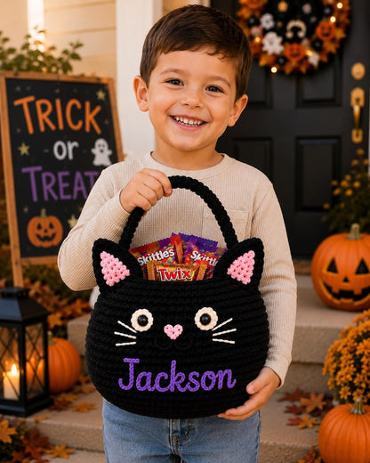 Personalized Crochet Black Cat Halloween Candy Bag, Handmade Trick or Treat Basket for Kids, Custom Cat Treat Bucket, Toddler Gift